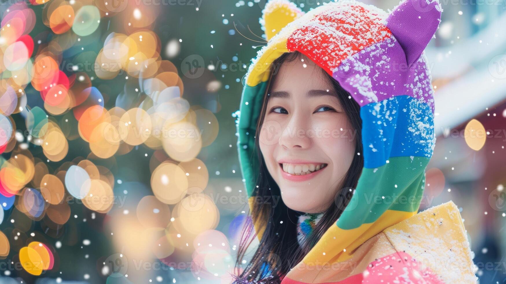 Asian woman in colorful hooded shawl during winter snowfall. Concept of snow, winter fashion, holiday cheer, seasonal joy. Copy space photo