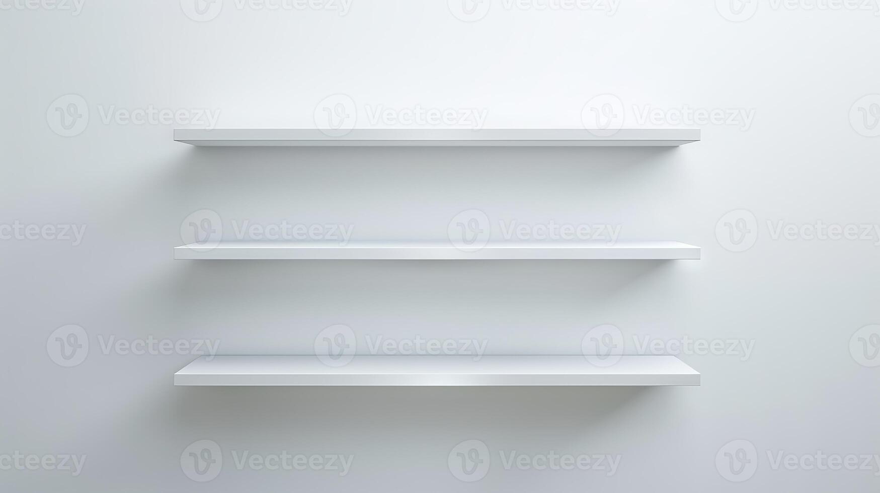 Three empty white floating shelves on a plain white wall Minimalist design Concept of organization storage modern interior simplicity. Copy space. Mockup photo
