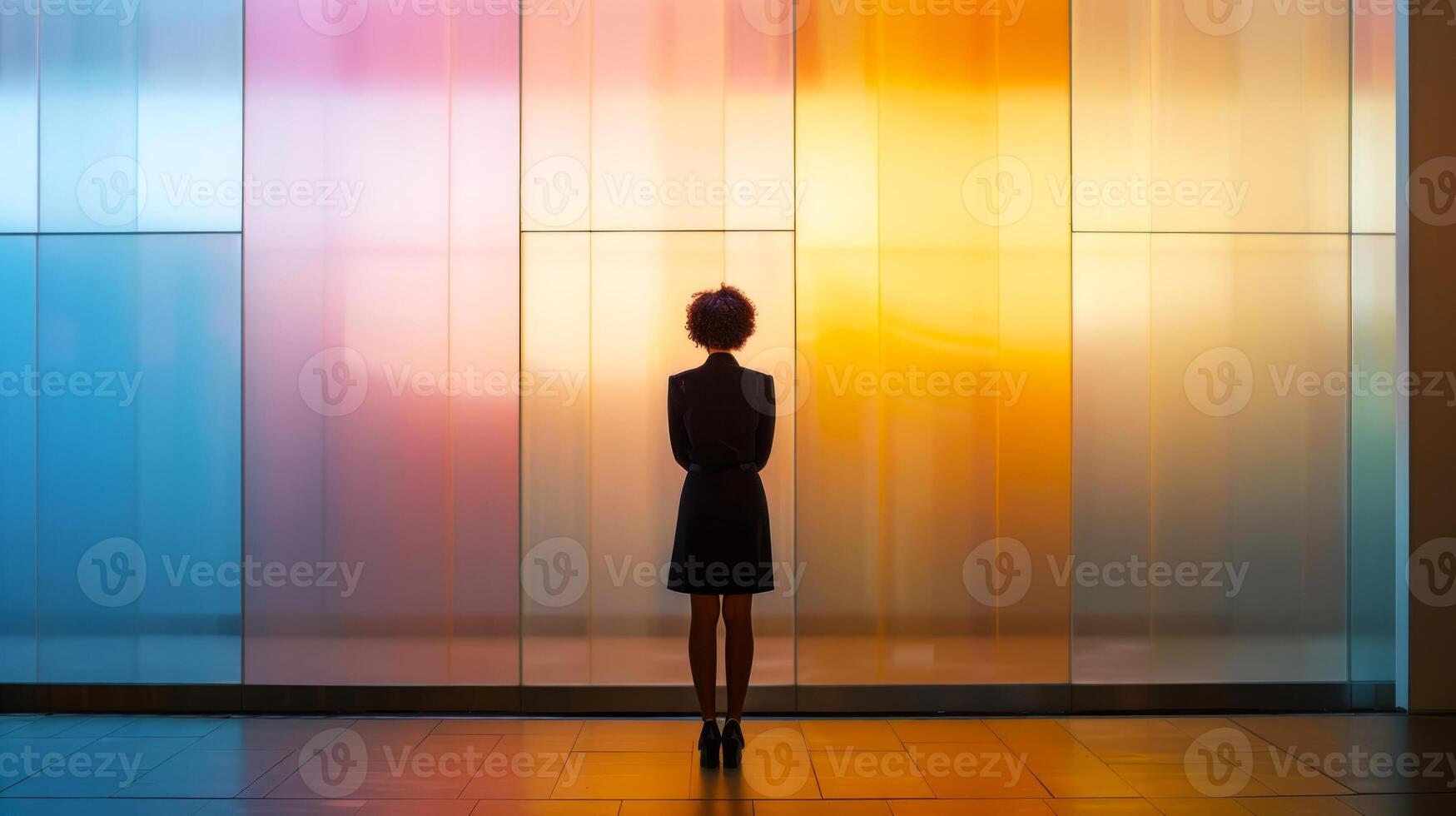 African American woman gazing at a vibrant, colored glass wall. Businesswoman contemplating in an office lobby. Concept of contemplation, reflection, modern architecture, and corporate setting. photo
