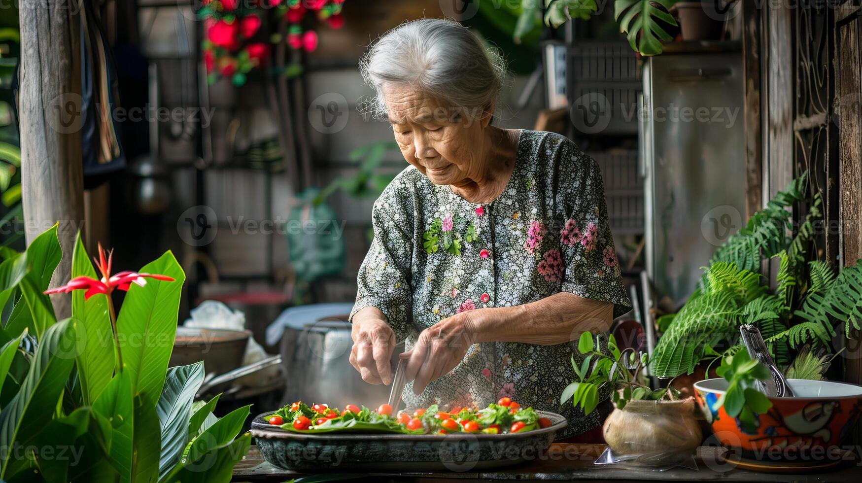 Elderly Asian woman preparing traditional Thai dishes in a kitchen. Thai senior woman cooking with fresh ingredients. Concept of traditional cuisine, cultural heritage, authentic cooking. photo