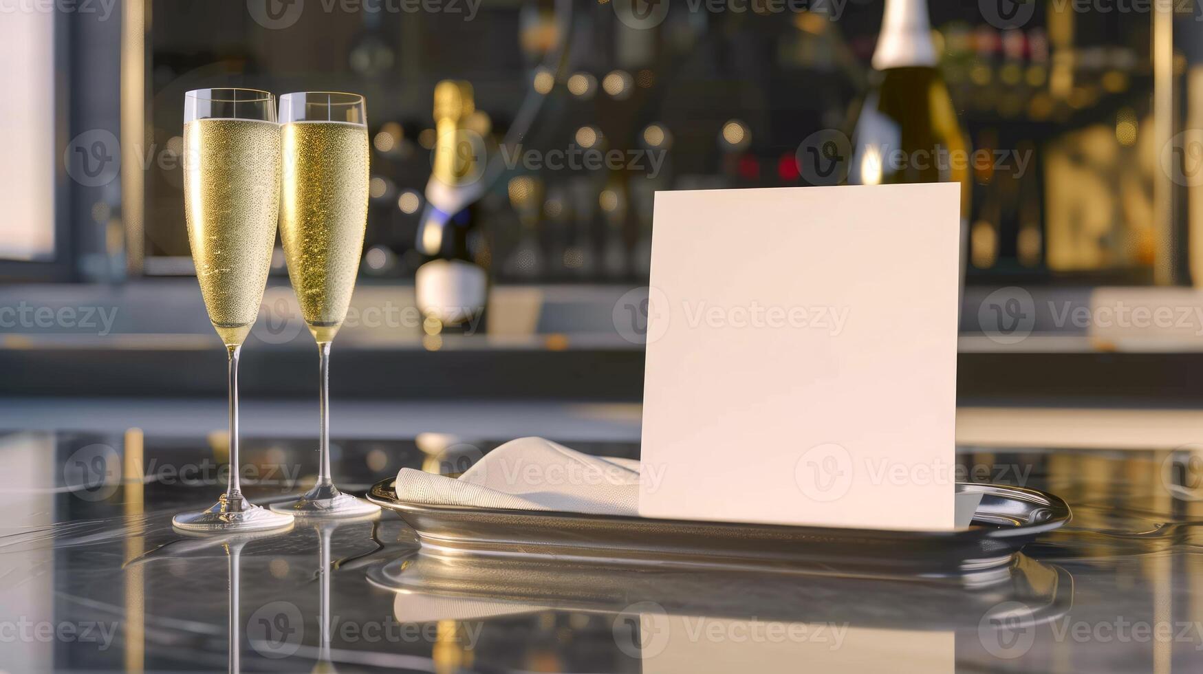 Two Champagne flute glasses beside blank card with space for text. Mockup for event invitation or brand promotion. Concept of celebration, luxury drink branding, gala events, elegance. photo