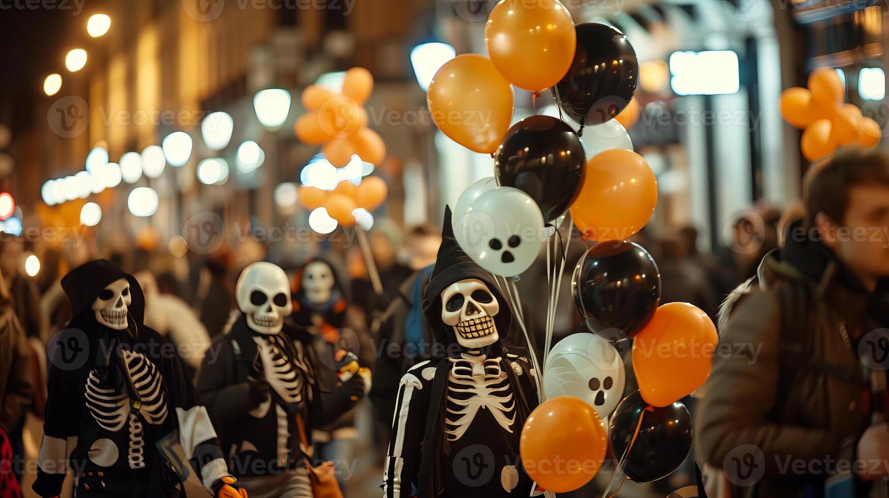 People in skeleton costumes celebrating Halloween at night. Crowd enjoying festive street event with orange balloons. Concept of Halloween, costumes, night parade, festive atmosphere photo