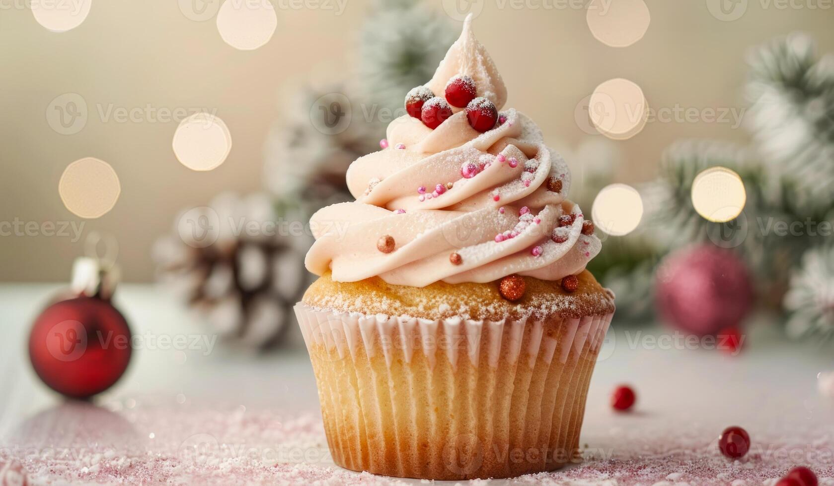 Festive Christmas cupcake with red wrapper and cream frosting. Holiday dessert concept. Christmas decorations. Festive food display. Copy space photo