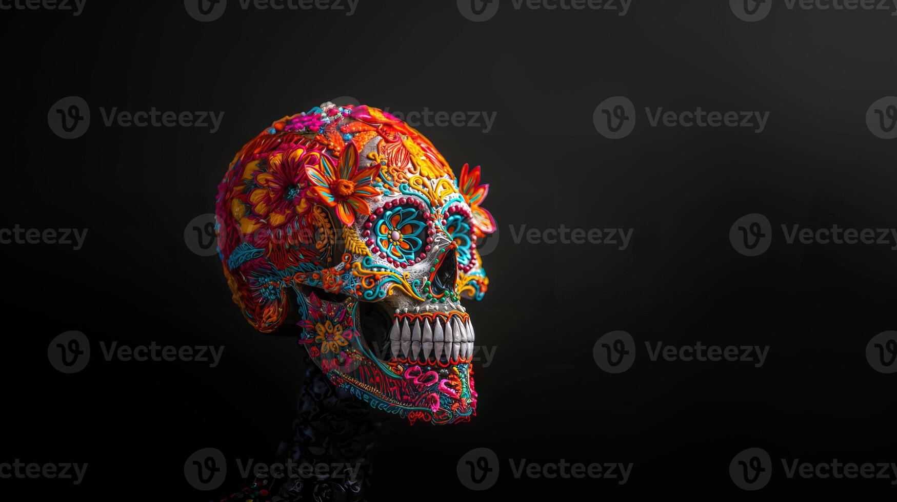 Colorful sugar skull with intricate floral patterns. Vibrant calavera with detailed flower designs. Concept of Day of the Dead, Mexican culture, traditional crafts, Halloween. Banner. Copy space photo