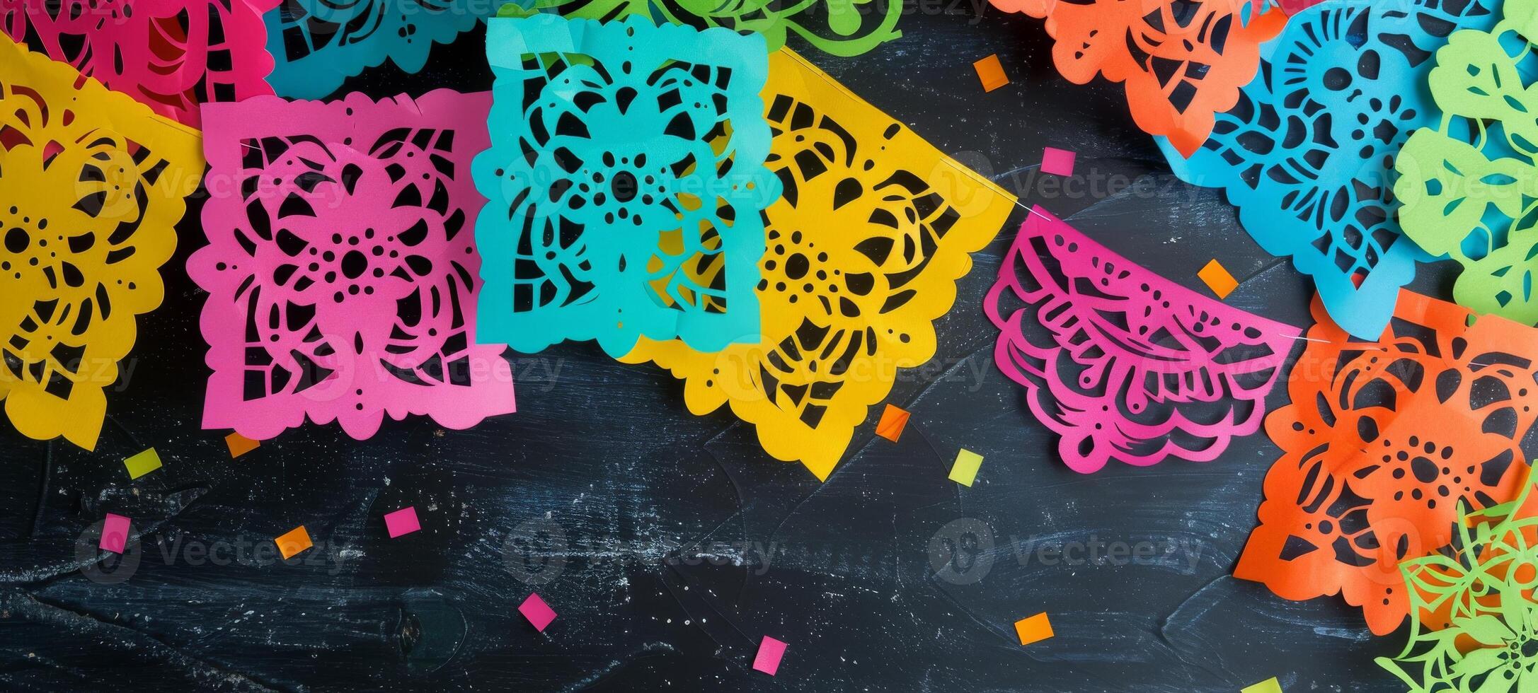 Colorful paper garlands on dark background. Bright decorative papel picado. Mexican party decoration. Concept of celebration, Mexican traditions, festive, Day of the Dead, Dia de los Muertos photo