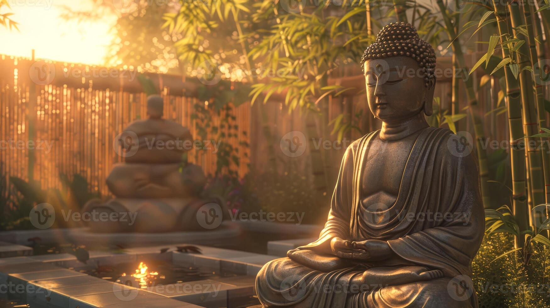 Buddha statue meditating in lotus position in natural setting. Buddhist sculpture in serene landscape. Concept of Zen, meditation, religion, peace, spiritual awakening, mindfulness. Copy space photo