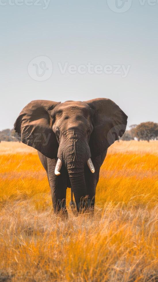 African elephant standing in wild savanna, wildlife. Majestic tusker in a field of golden grass. Concept of nature conservation, African wildlife, savanna ecosystem. Vertical photo