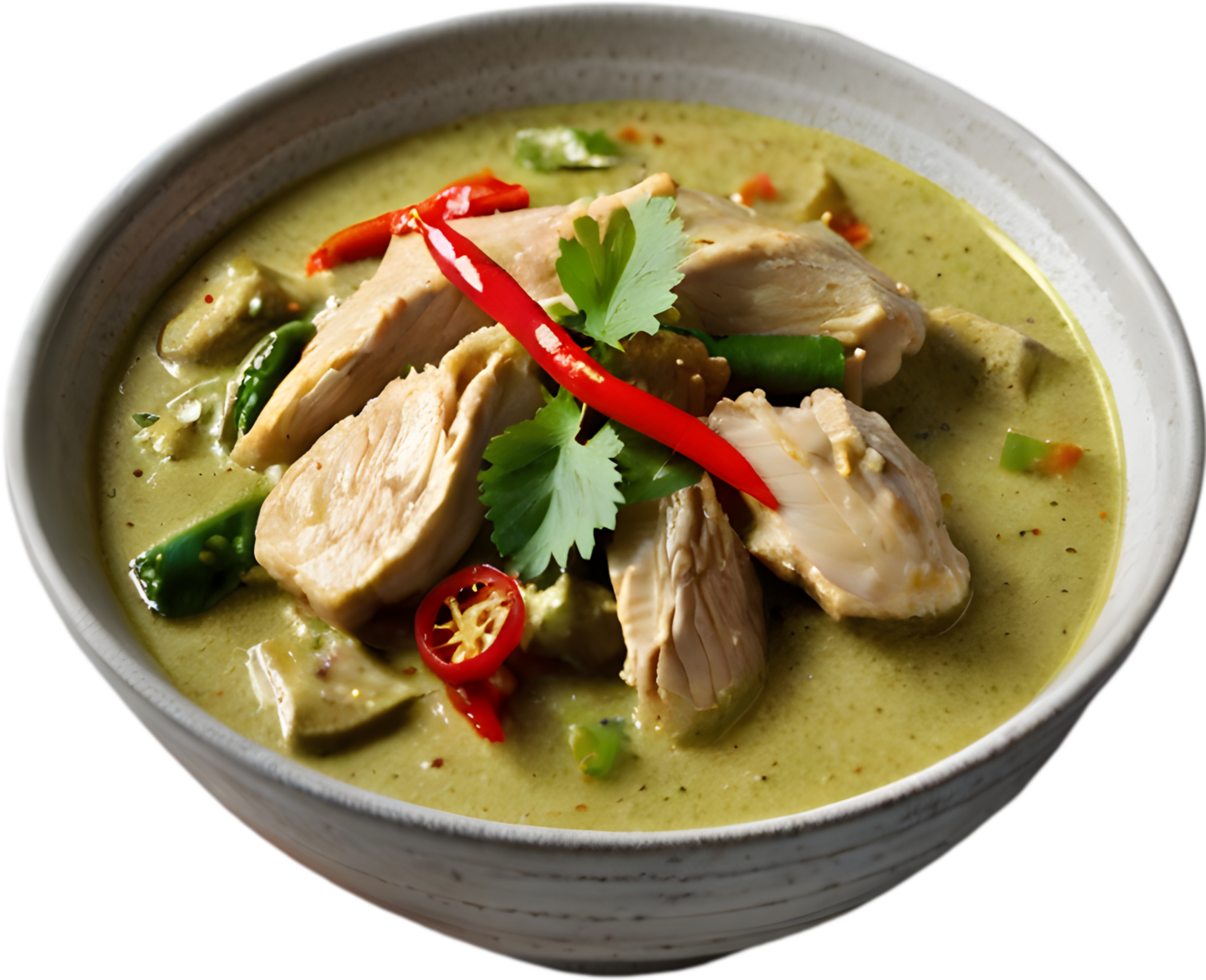 Experience the rich, creamy, and spicy flavors of Gaeng Keow Wan Gai. AI-generated. png