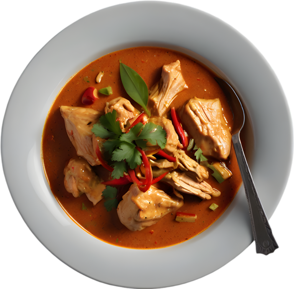 Gaeng Daeng, a flavorful Thai chicken curry with coconut milk base. AI-generated. png