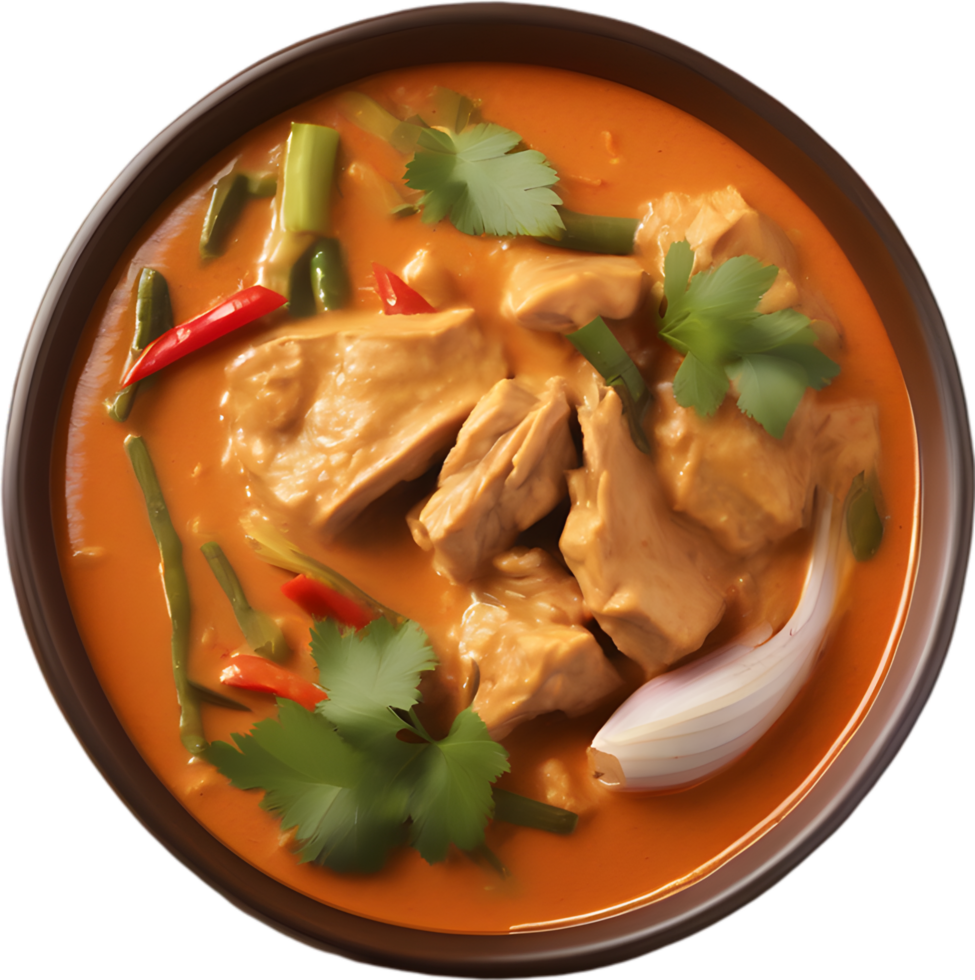 Gaeng Daeng, a flavorful Thai chicken curry with coconut milk base. AI-generated. png
