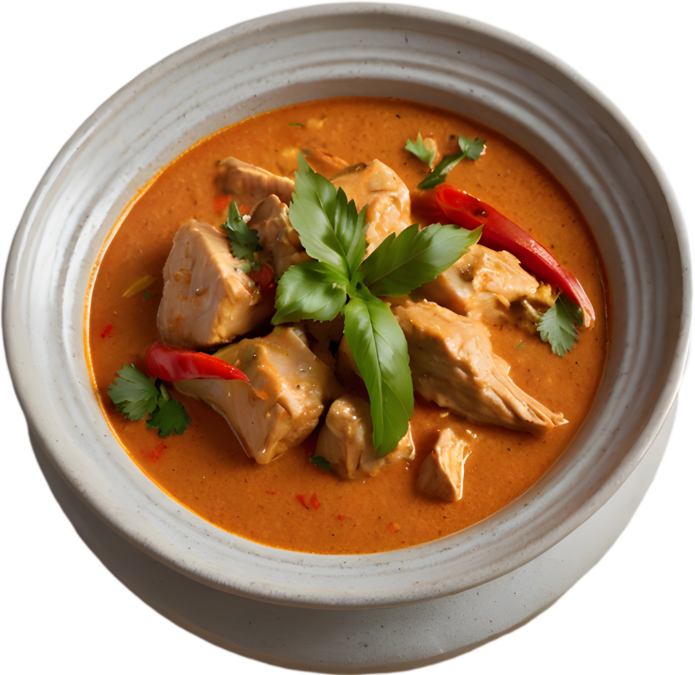 Gaeng Daeng, a flavorful Thai chicken curry with coconut milk base. AI-generated. png
