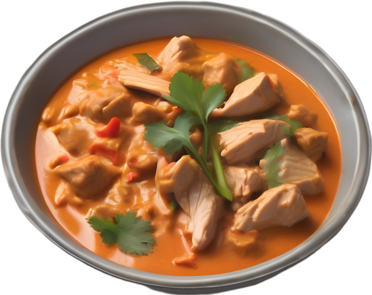Gaeng Daeng, a flavorful Thai chicken curry with coconut milk base. AI-generated. png