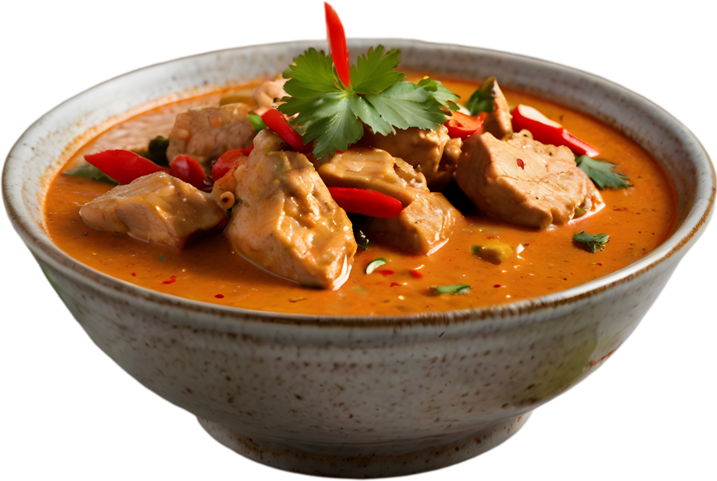 Gaeng Daeng, a flavorful Thai chicken curry with coconut milk base. AI-generated. png