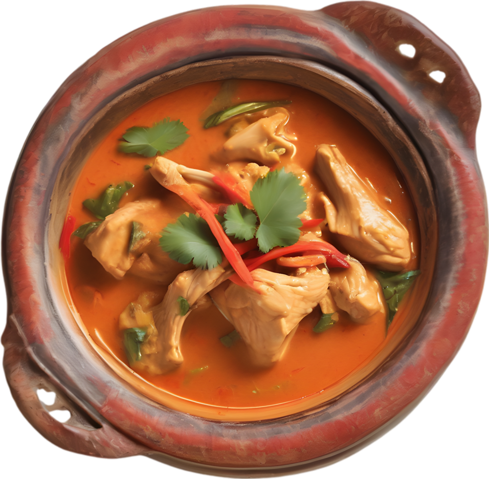 Gaeng Daeng, a flavorful Thai chicken curry with coconut milk base. AI-generated. png