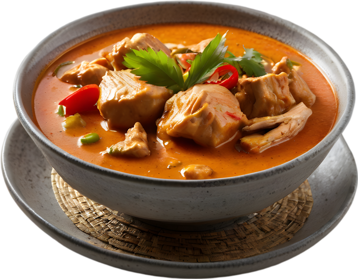 Gaeng Daeng, a flavorful Thai chicken curry with coconut milk base. AI-generated. png
