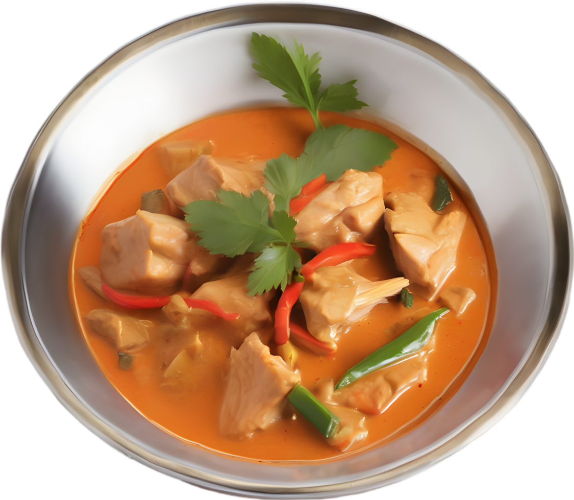 Gaeng Daeng, a flavorful Thai chicken curry with coconut milk base. AI-generated. png