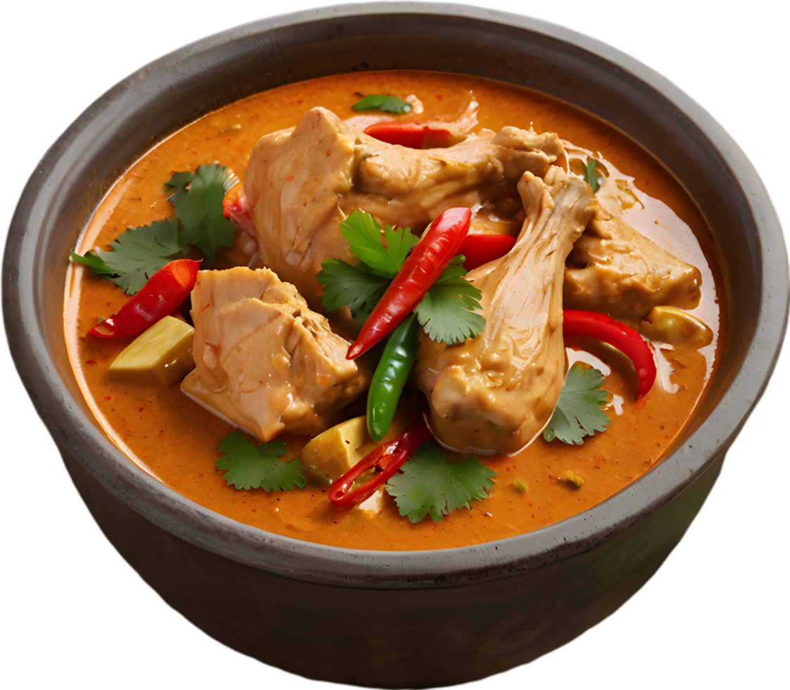 Gaeng Daeng, a flavorful Thai chicken curry with coconut milk base. AI-generated. png