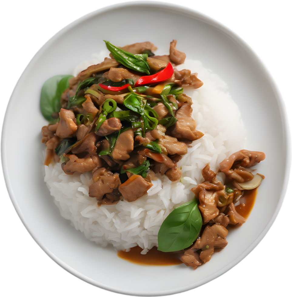 Spicy, aromatic Thai pork basil stir-fry. AI-generated. png
