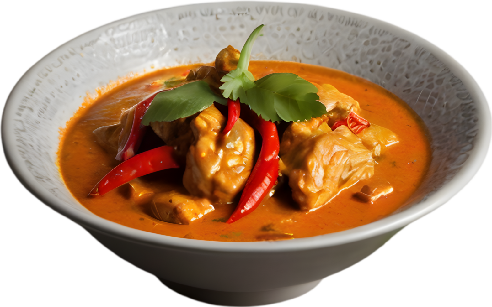 Gaeng Daeng, a flavorful Thai chicken curry with coconut milk base. AI-generated. png