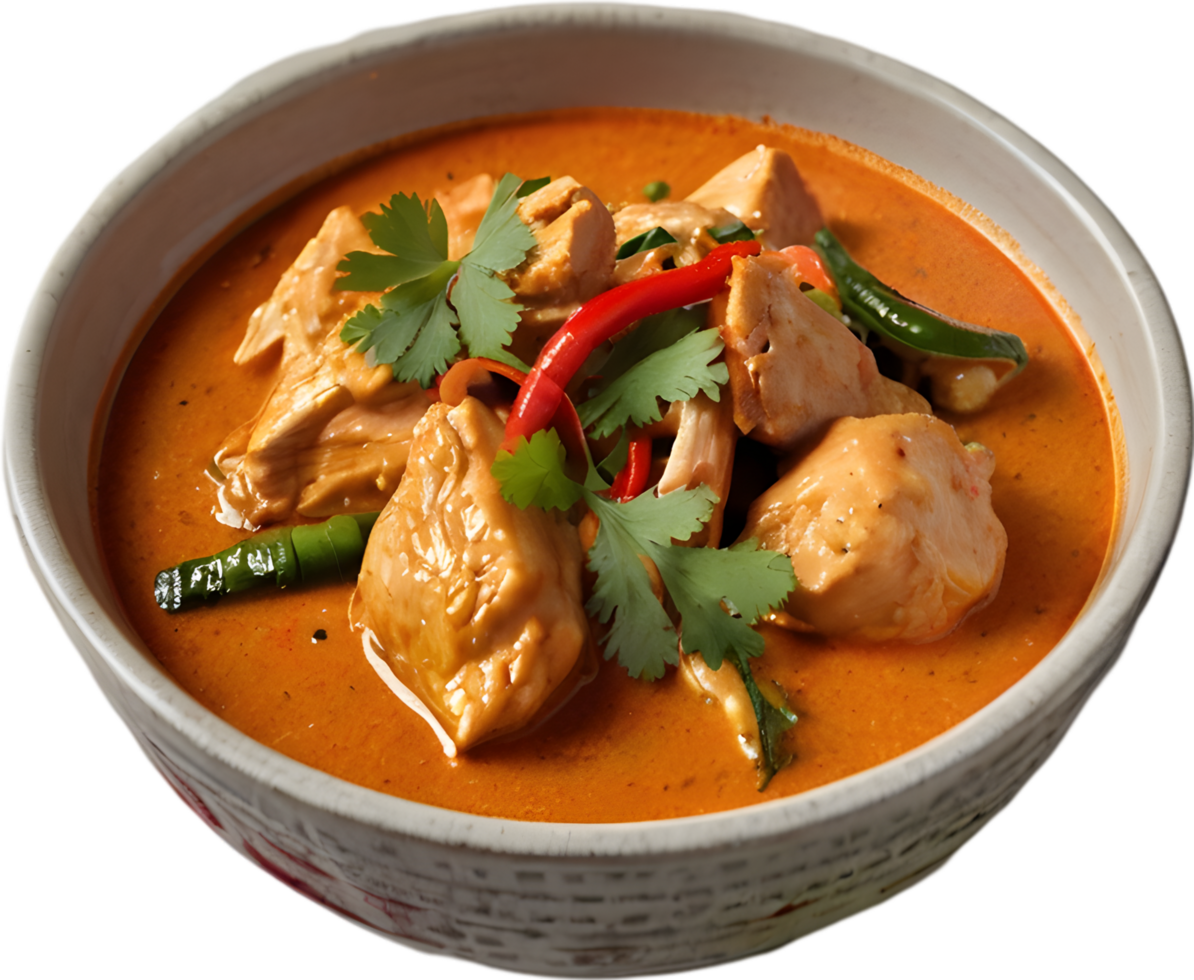 Gaeng Daeng, a flavorful Thai chicken curry with coconut milk base. AI-generated. png