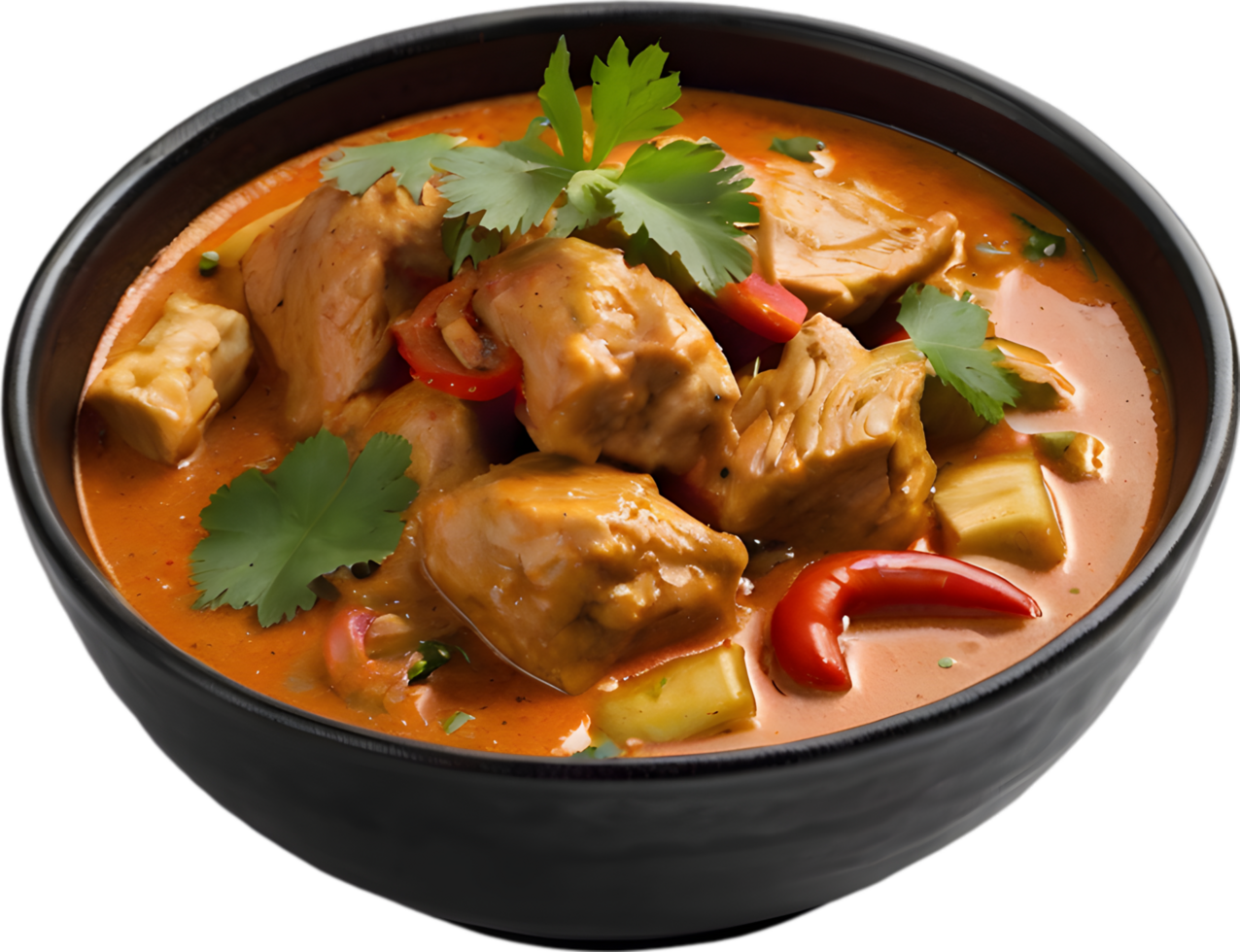 Gaeng Daeng, a flavorful Thai chicken curry with coconut milk base. AI-generated. png