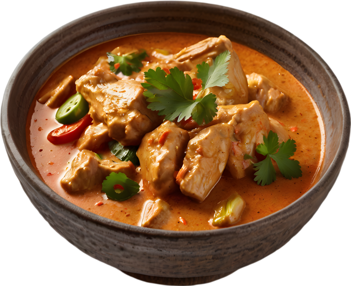 Gaeng Daeng, a flavorful Thai chicken curry with coconut milk base. AI-generated. png