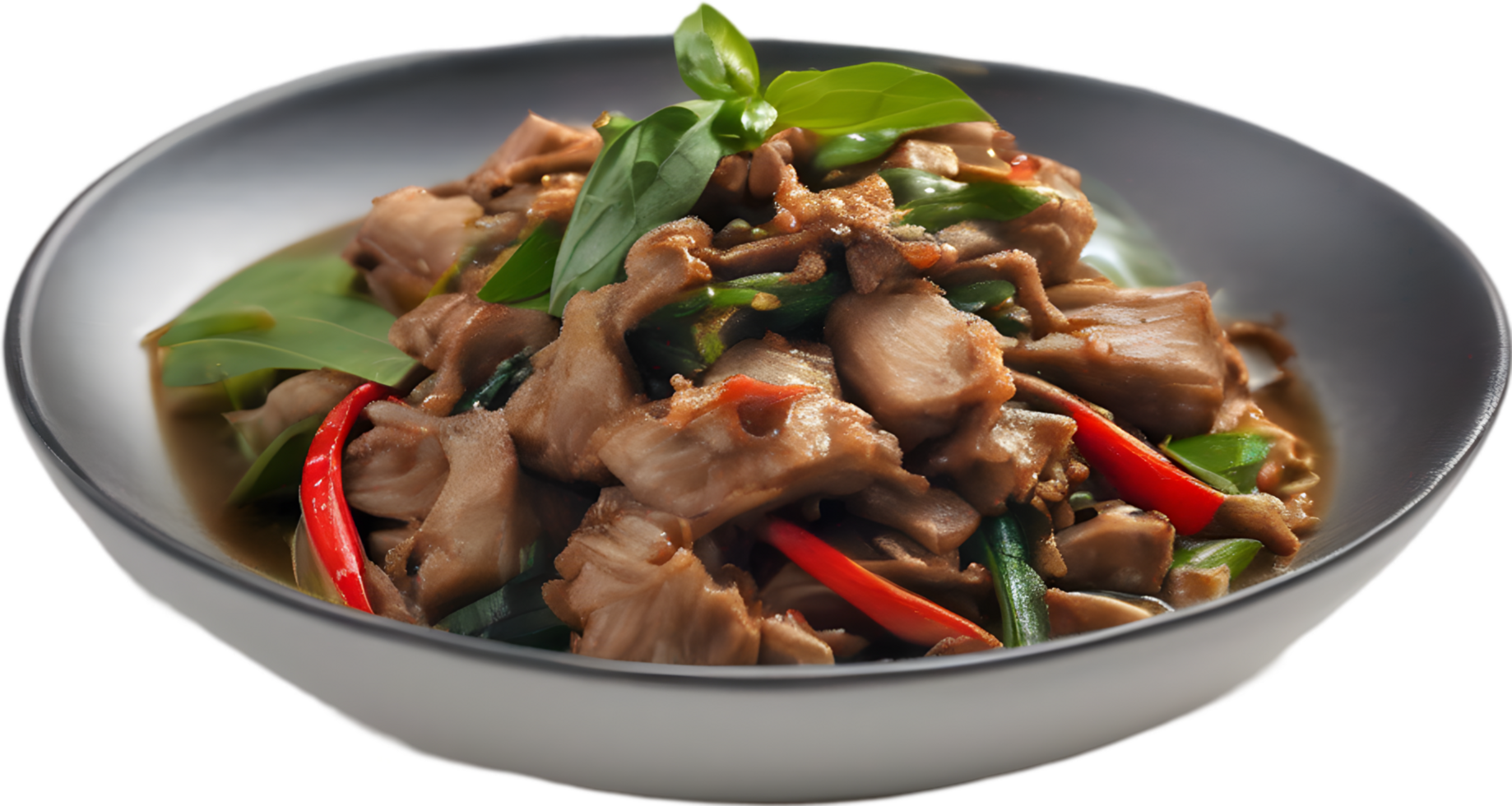 Spicy, aromatic Thai pork basil stir-fry. AI-generated. png