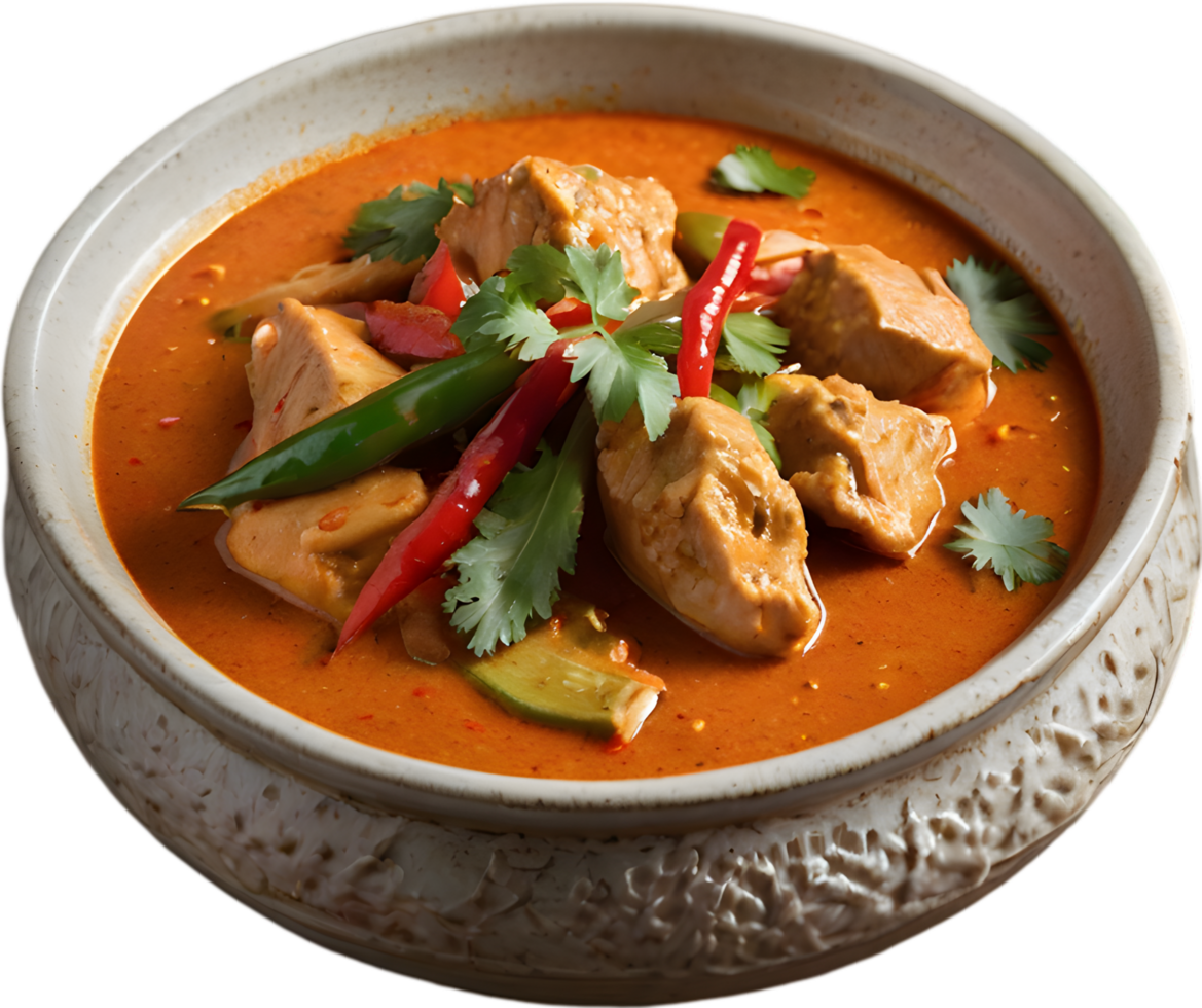Gaeng Daeng, a flavorful Thai chicken curry with coconut milk base. AI-generated. png