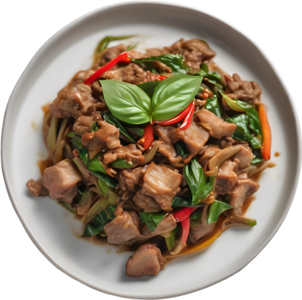 Spicy, aromatic Thai pork basil stir-fry. AI-generated. png