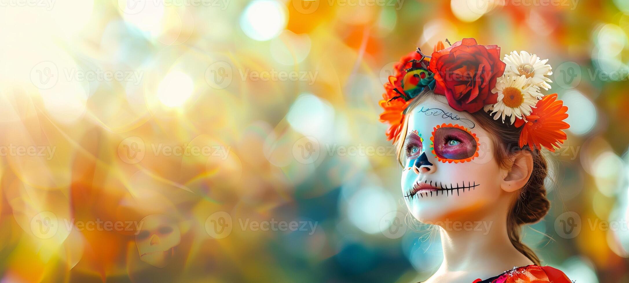 Girl with festive sugar skull face paint on bokeh background. Child with artistic Dia de los Muertos makeup. Concept of Mexican culture, Halloween celebration, and vibrant tradition. Space for text photo