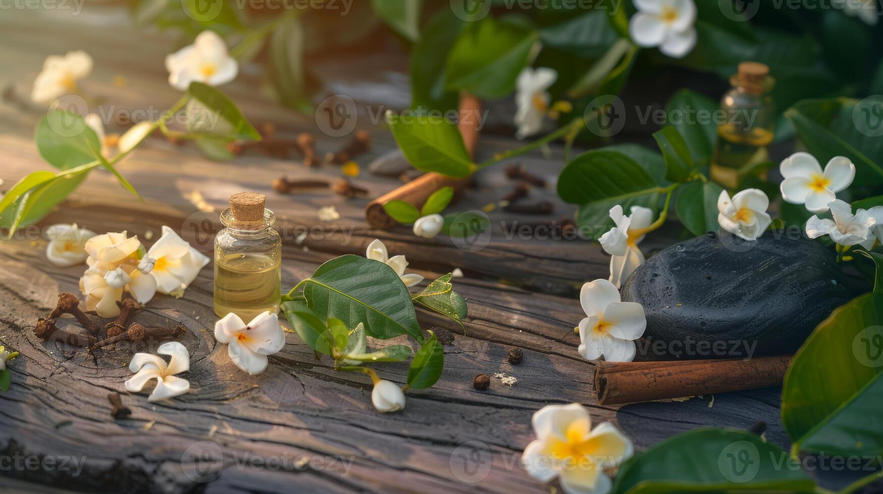 Essential oil and white flowers arrangement on rustic wood. Fragrant white blossoms with aromatherapy oil. Concept of natural beauty, wellness, relaxation, and herbal therapy. photo
