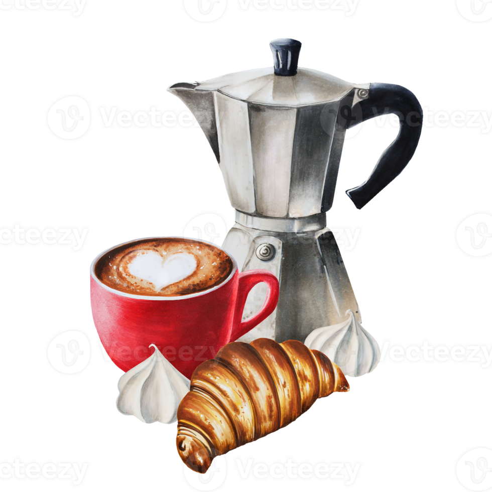Geyser coffee maker, porcelain cup with cappuccino. Crispy croissant meringue. Hand painting watercolor illustration isolated on background. For designers, menu, shop, bar, bistro, restaurant, for png