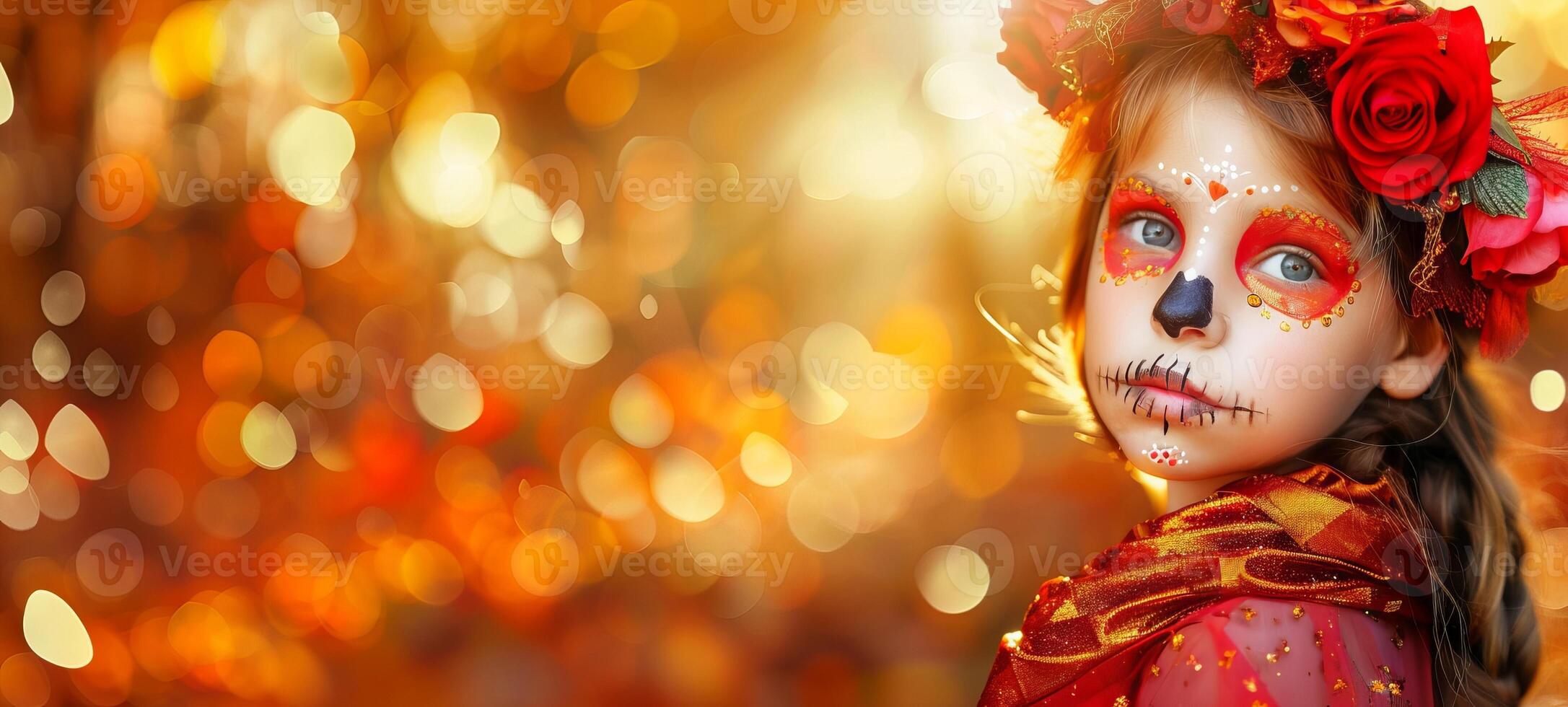 Girl with skull face paint and red roses in her hair on a warm bokeh background. Day of the Dead makeup. Concept of cultural celebration, tradition, Halloween costume. Copy space photo