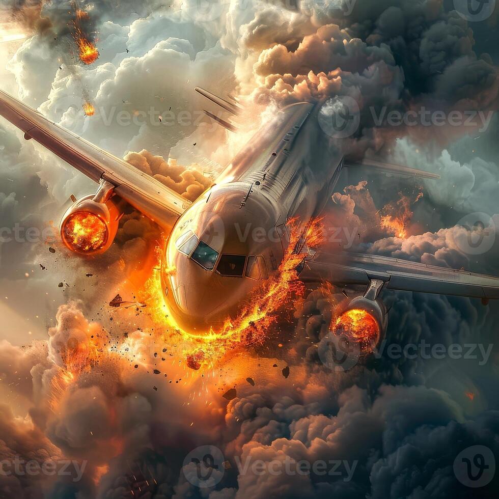 Airplane engulfed in flames descending in cloudy sky. Aircraft on fire falling through the clouds. Concept of aviation accident, emergency situation, danger. Burning plane photo