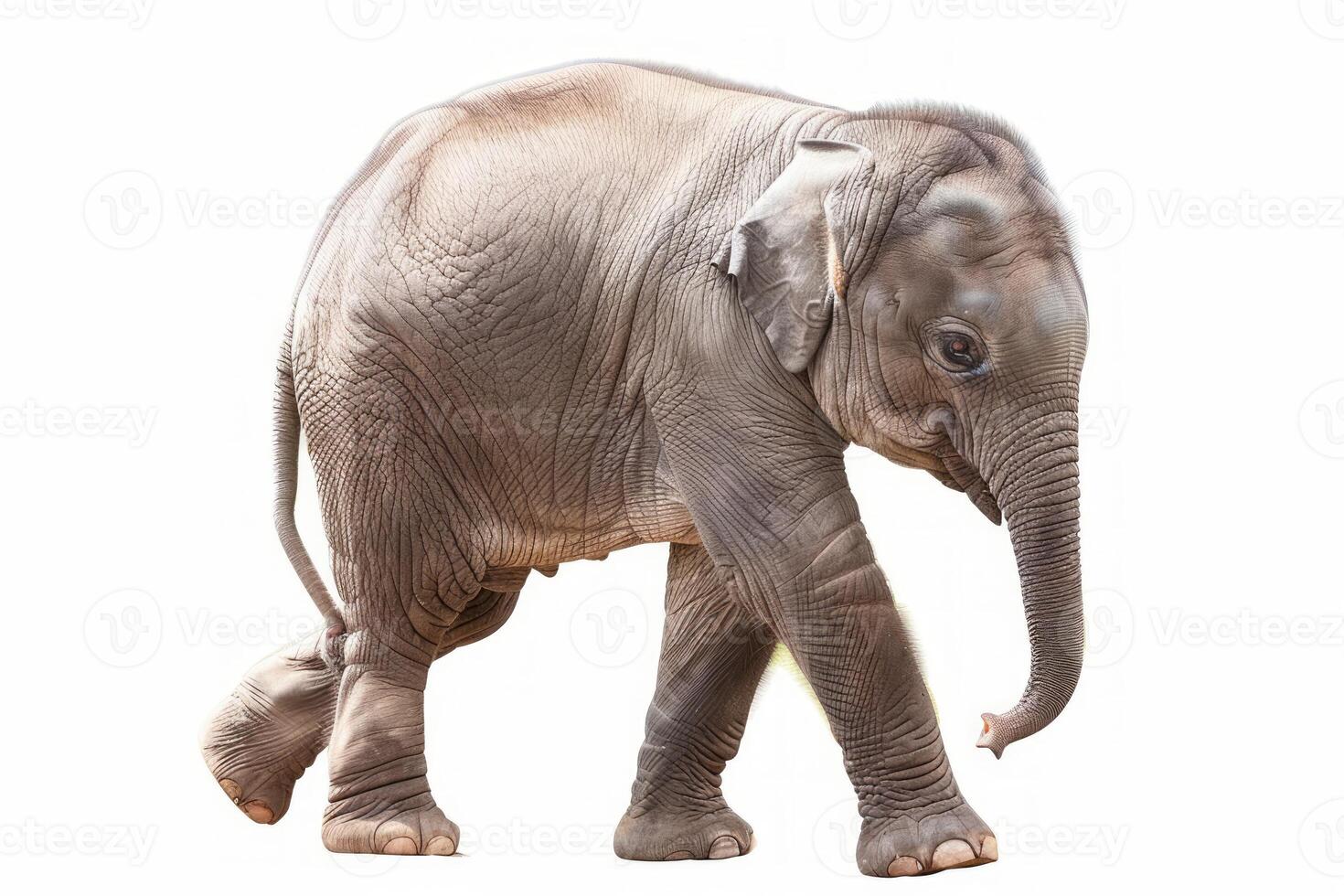 Cute baby Elephant in realistic detail on a pure white backdrop. Lifelike portrayal of an elephant. Concept of animal study, wildlife, and nature photo