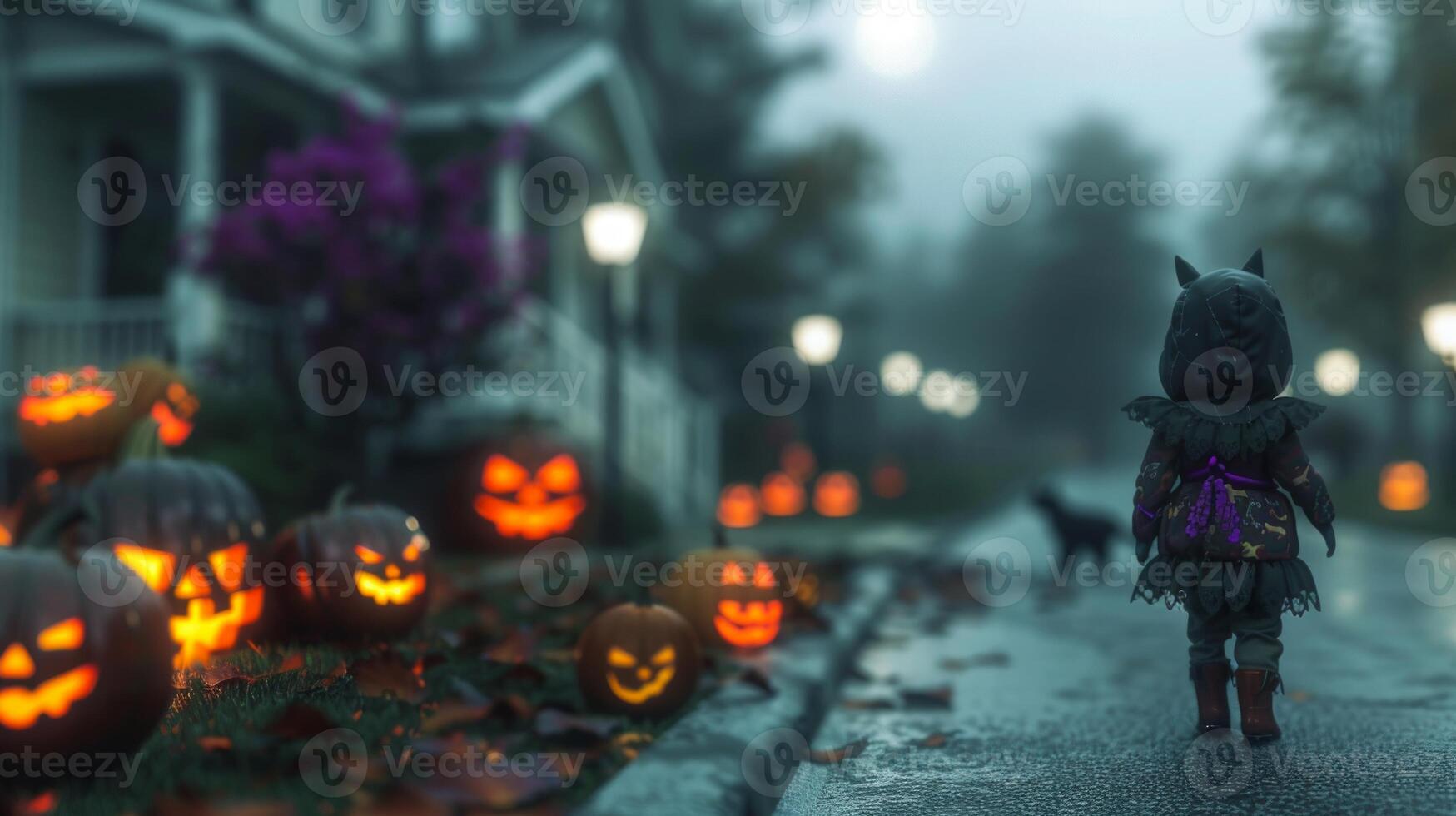 Child in Halloween Costume Walking Down Street with Jack-o-Lanterns. Halloween Night Scene. Concept of trick or treat, costume, autumn, festive atmosphere photo
