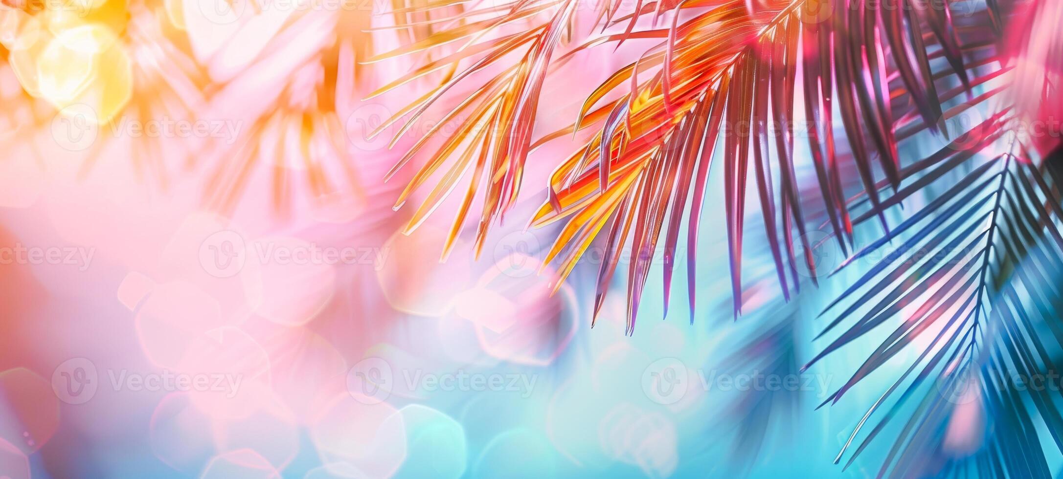 Bright summer tropical backdrop with colorful palm leaves and bokeh effect. Trendy botanical wallpaper with soft colors. Festive mood. Summer vibes. Wide banner. Space for text. Mockup for design photo