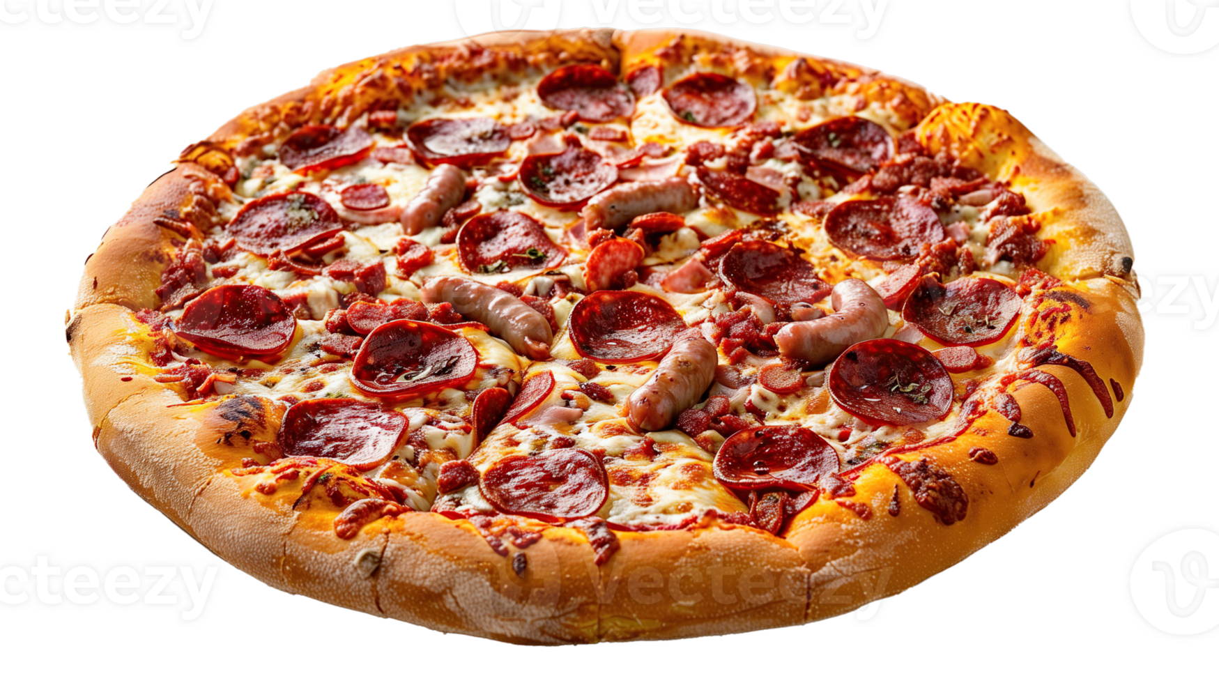 pizza with salami, sausages, mozzarella and tomato sauce, isolated on transparency background png