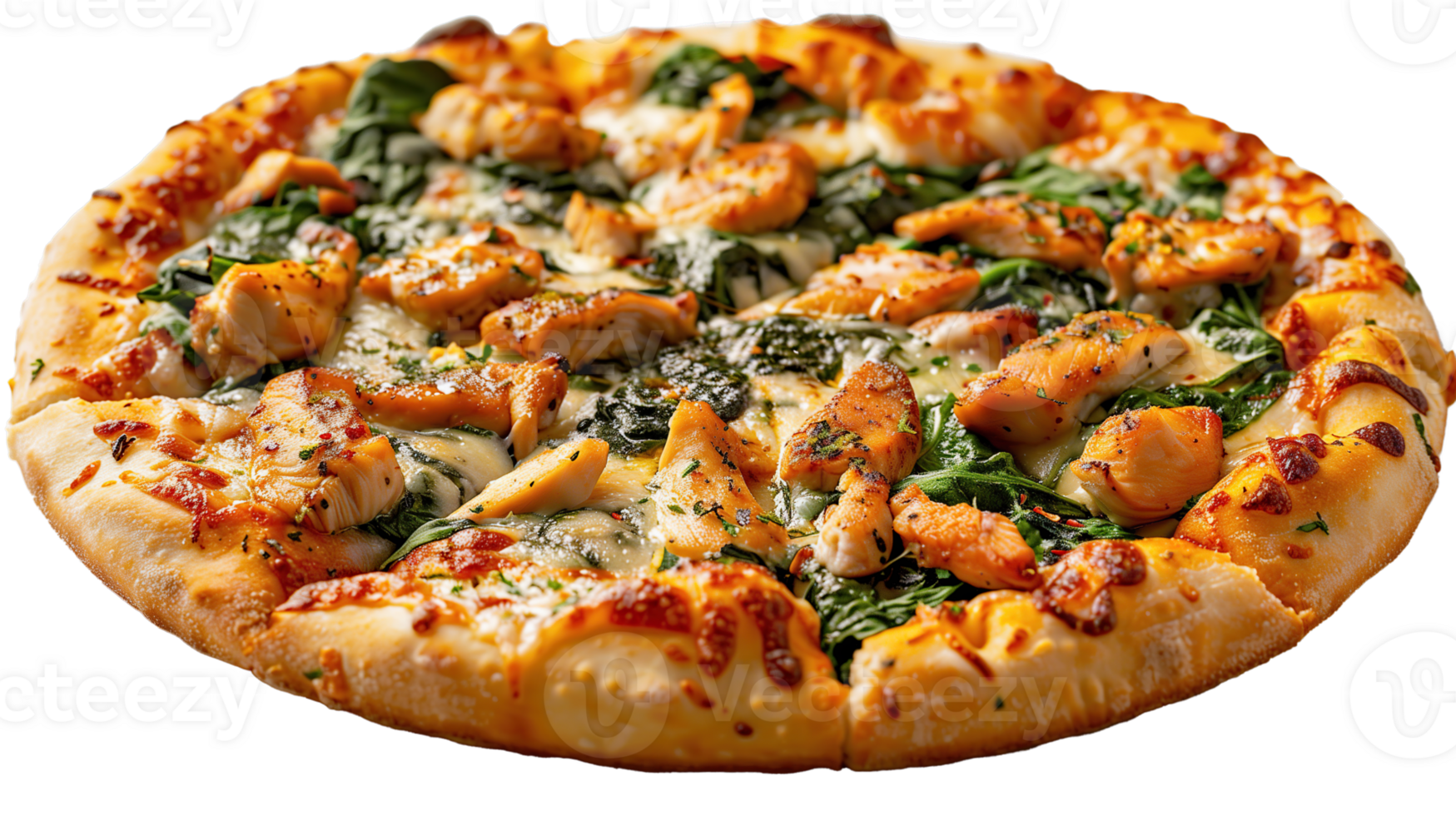 Delicious pizza with chicken fillet, spinach, garlic sauce and mozzarella, isolated on transparency background png