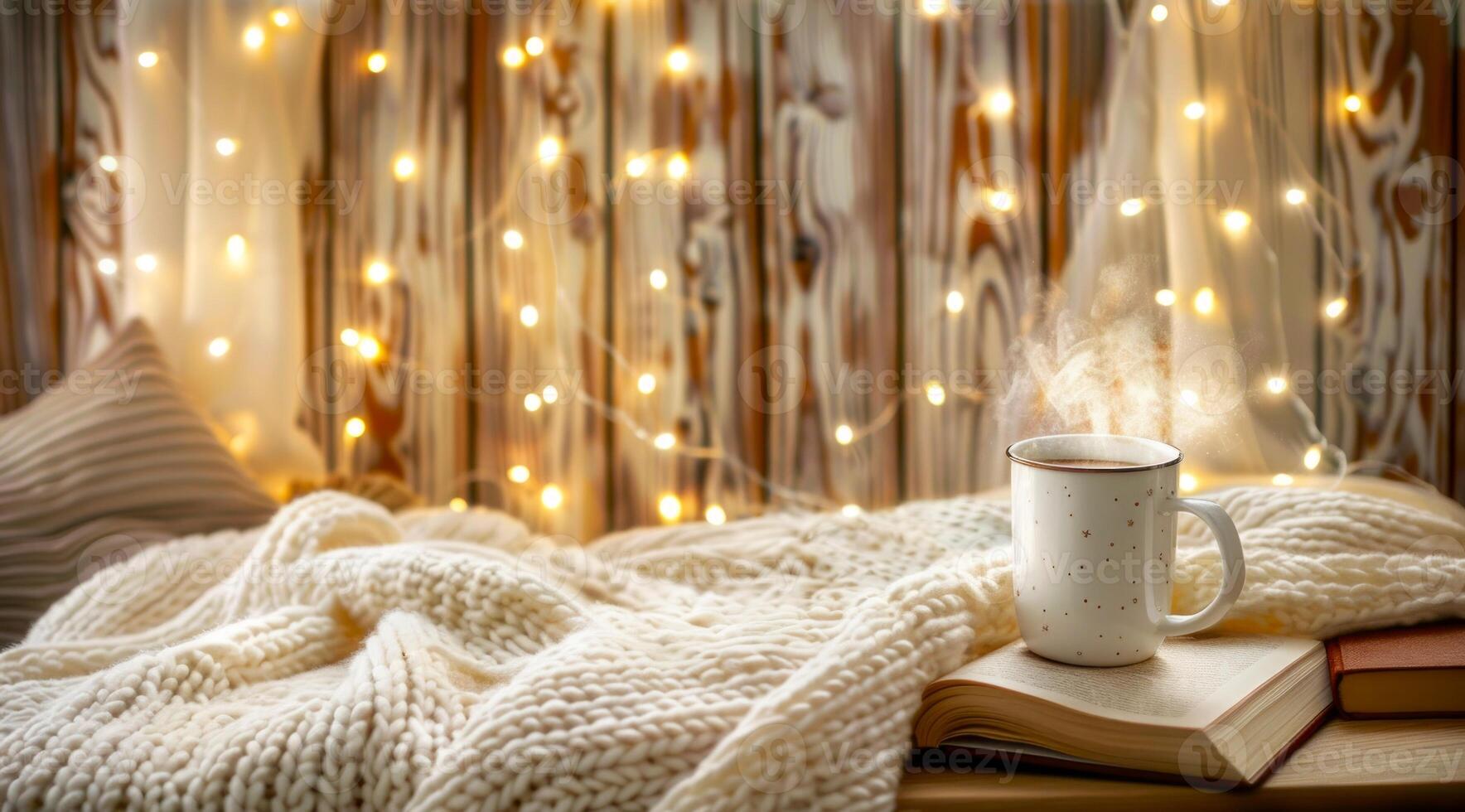 Cozy scene with an open book next to a cup of hot cocoa and knit blanket by a lit Christmas tree. Concept of reading, winter, relaxation, festive season, Christmas photo