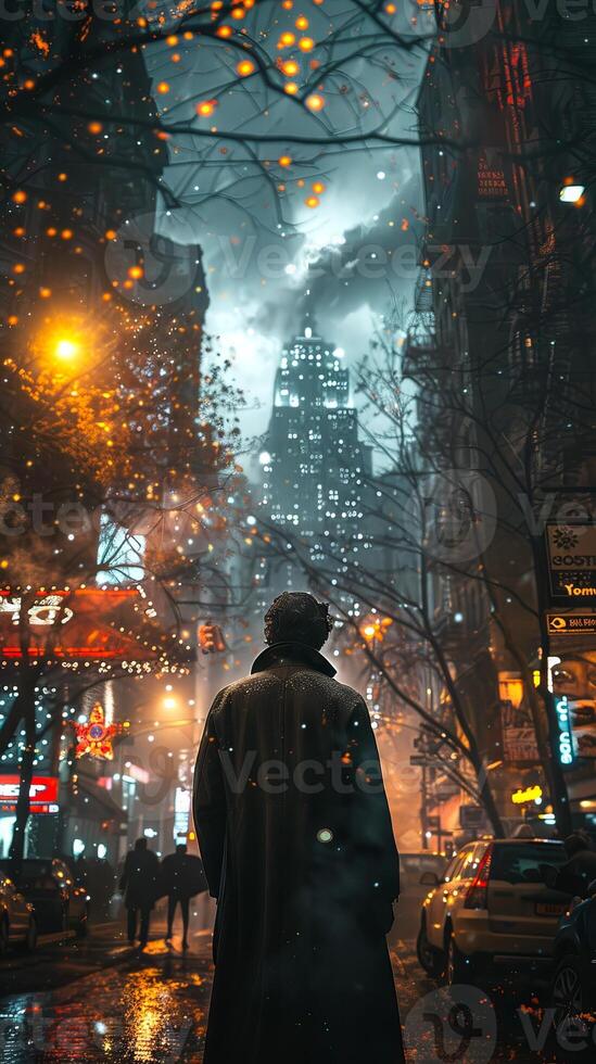 Hooded figure walking through neon-lit street in the rain. A man in a black cloak. Stranger. Urban night scene. Concept of mystery, solitude, city life, atmospheric scene photo