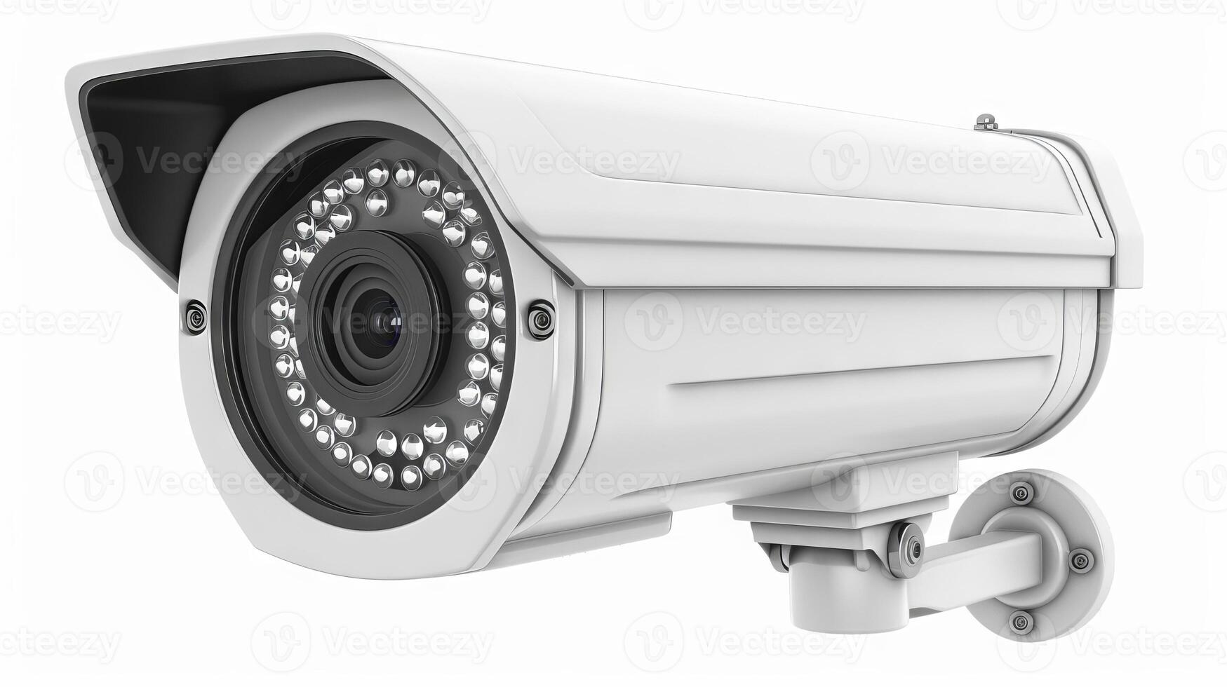 Modern surveillance camera on a white background. Security device concept for monitoring, public safety, and crime prevention. Close-up view of advanced technology. Isolated on white photo