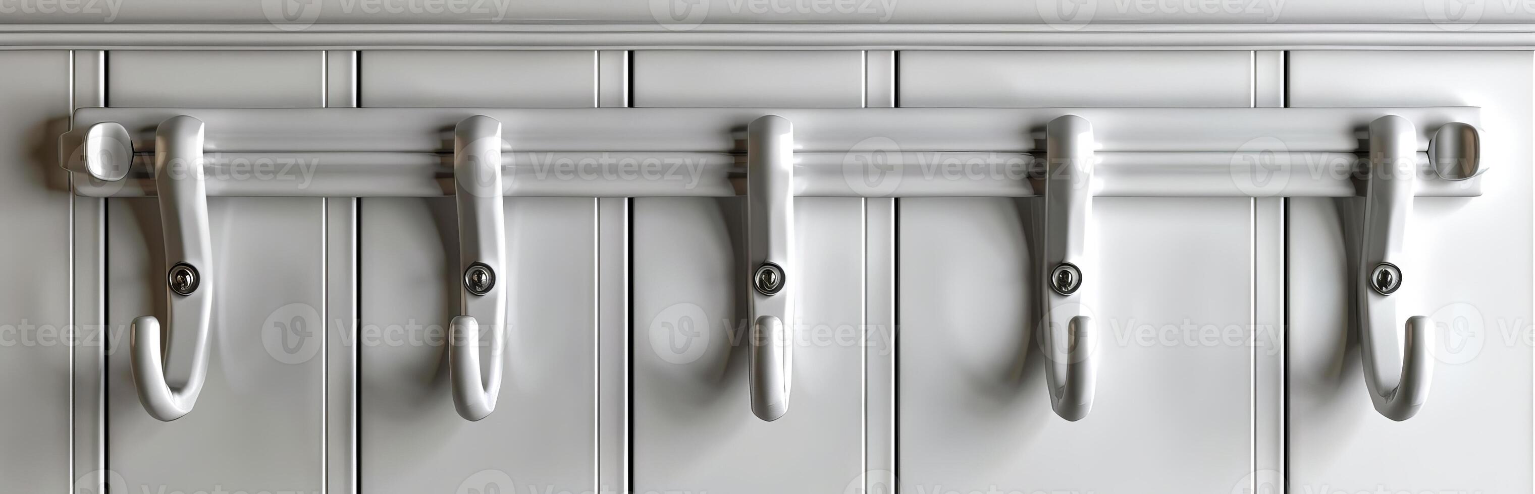 White wall with five modern metallic hooks. Home organization accessory. Concept of minimalism, interior design, storage solution, and functionality photo