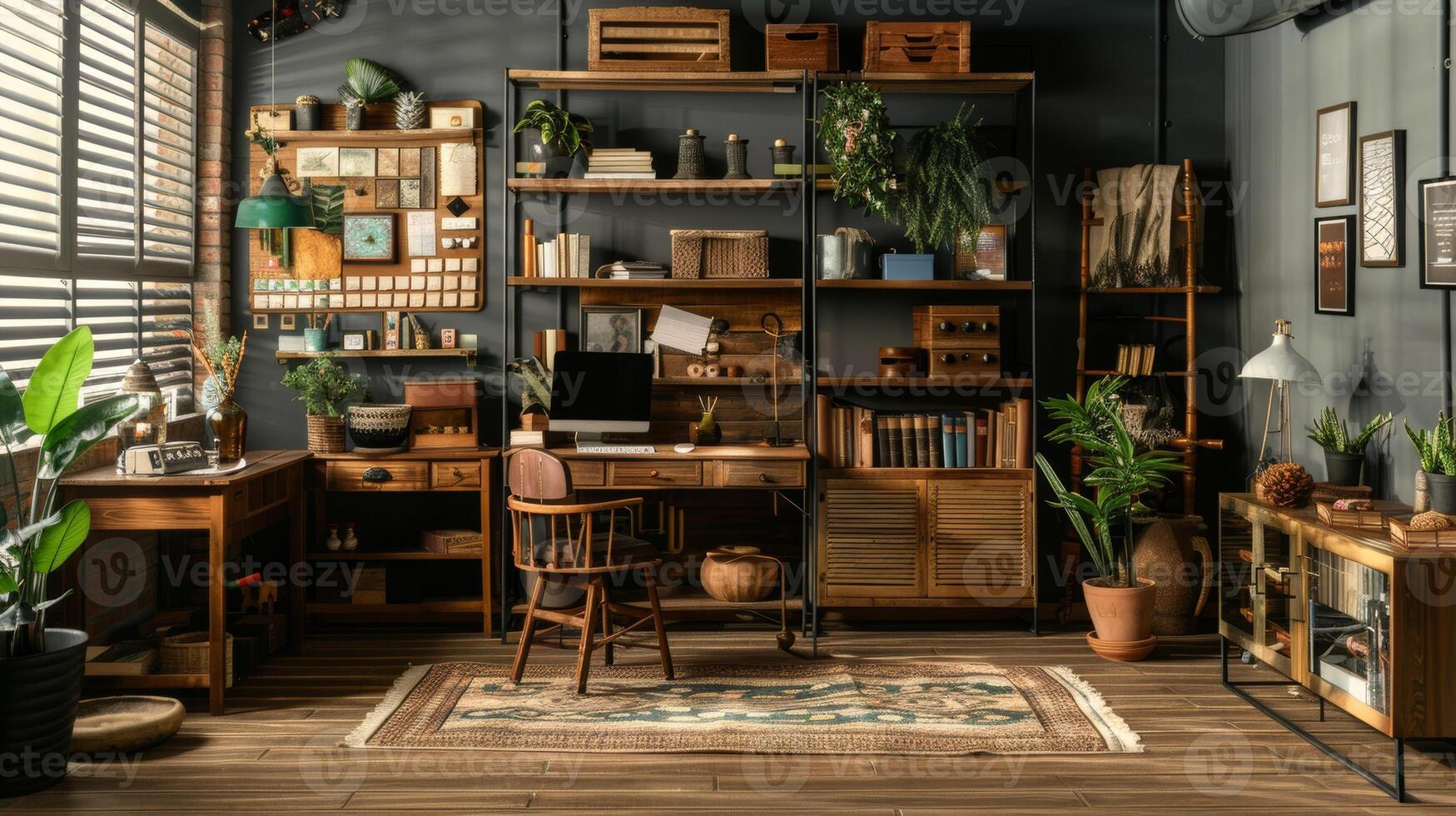Cozy Vintage Home Office with Indoor Plants and Wooden Shelving photo