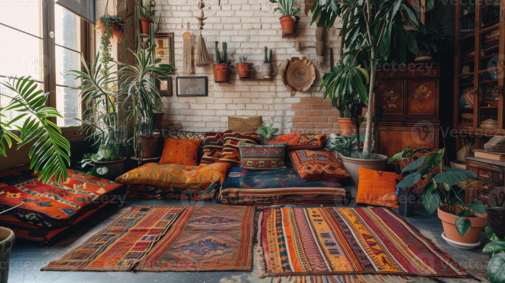 Cozy Bohemian Living Room with Indoor Plants, Colorful Textiles, and Brick Walls photo