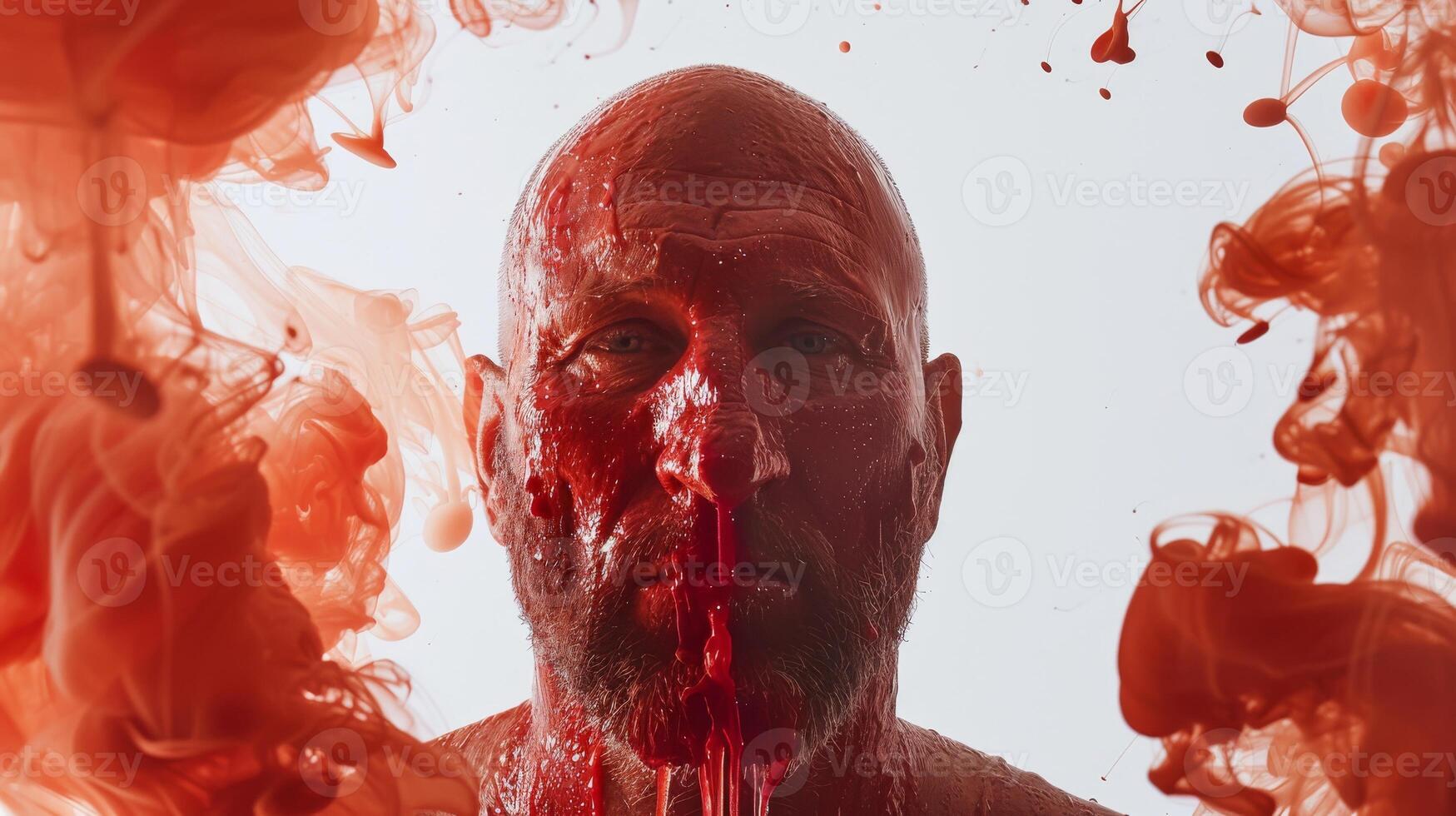 Intense Portrait of Bald Man with Red Liquid Splashes on Face photo