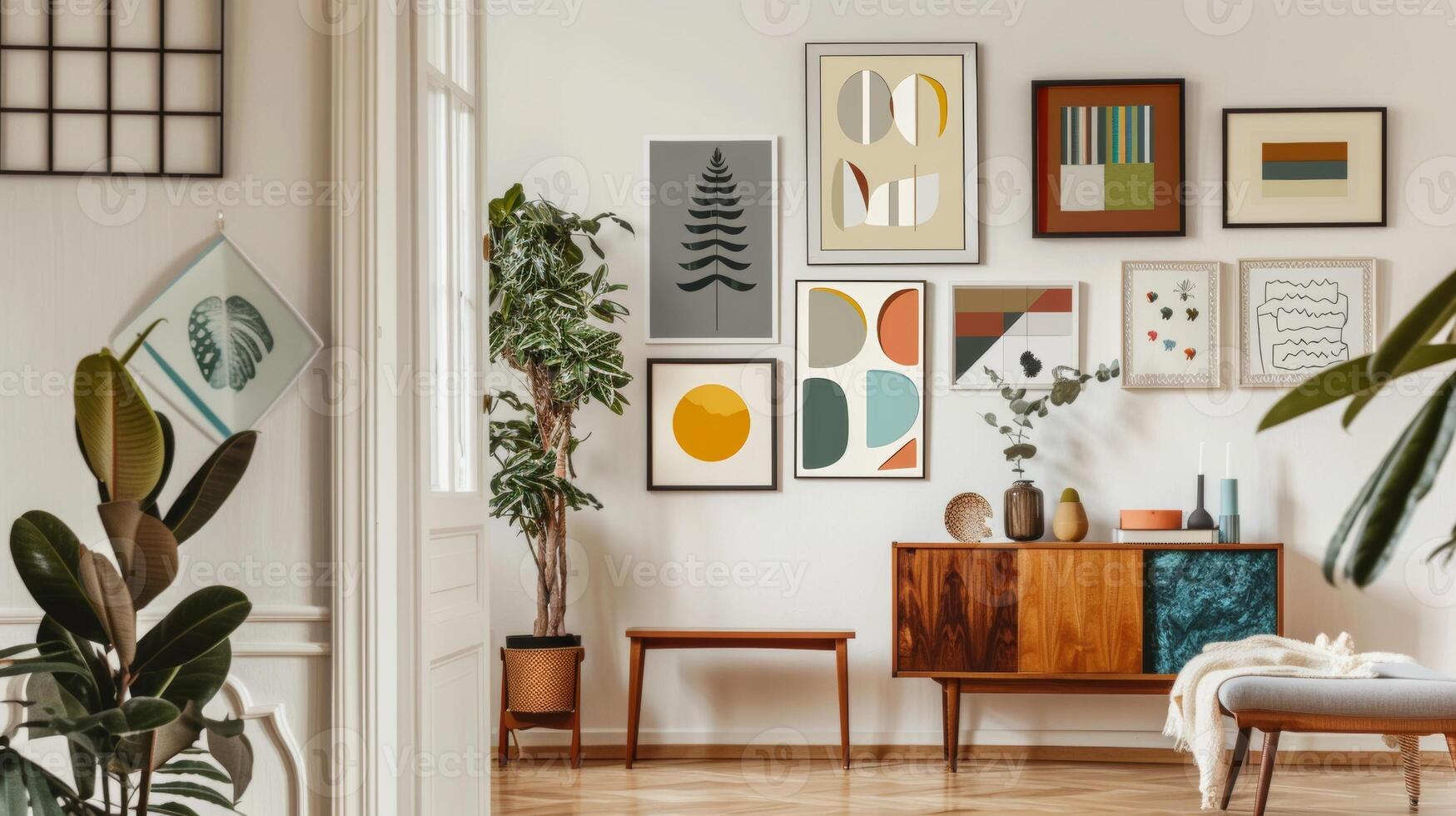 Modern Interior Design with Framed Art, Indoor Plants, and Wooden Furniture photo