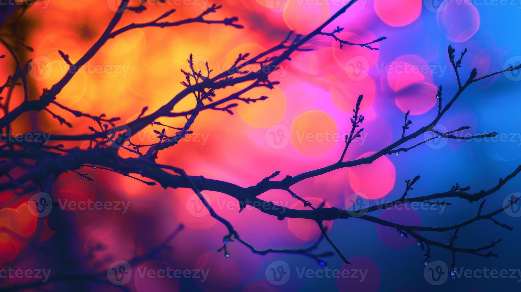 Silhouetted Tree Branches with Colorful Bokeh Background in Twilight photo