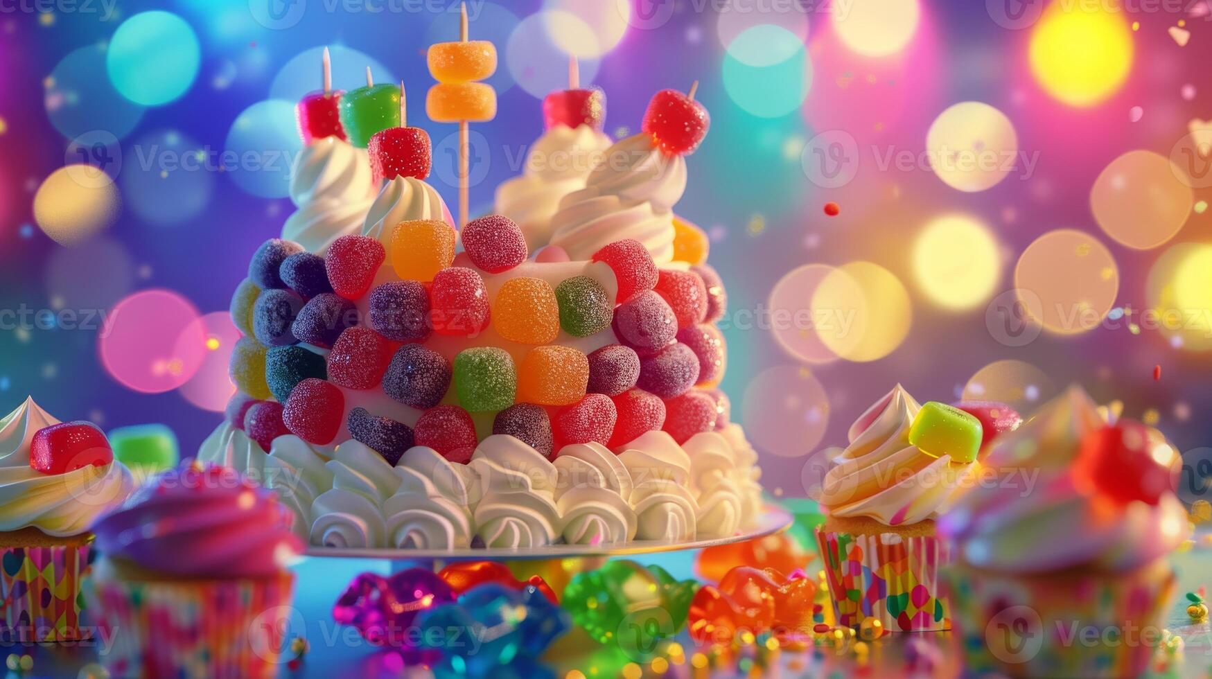 Colorful Candy Mountain with Cupcakes and Bokeh Lights Background photo