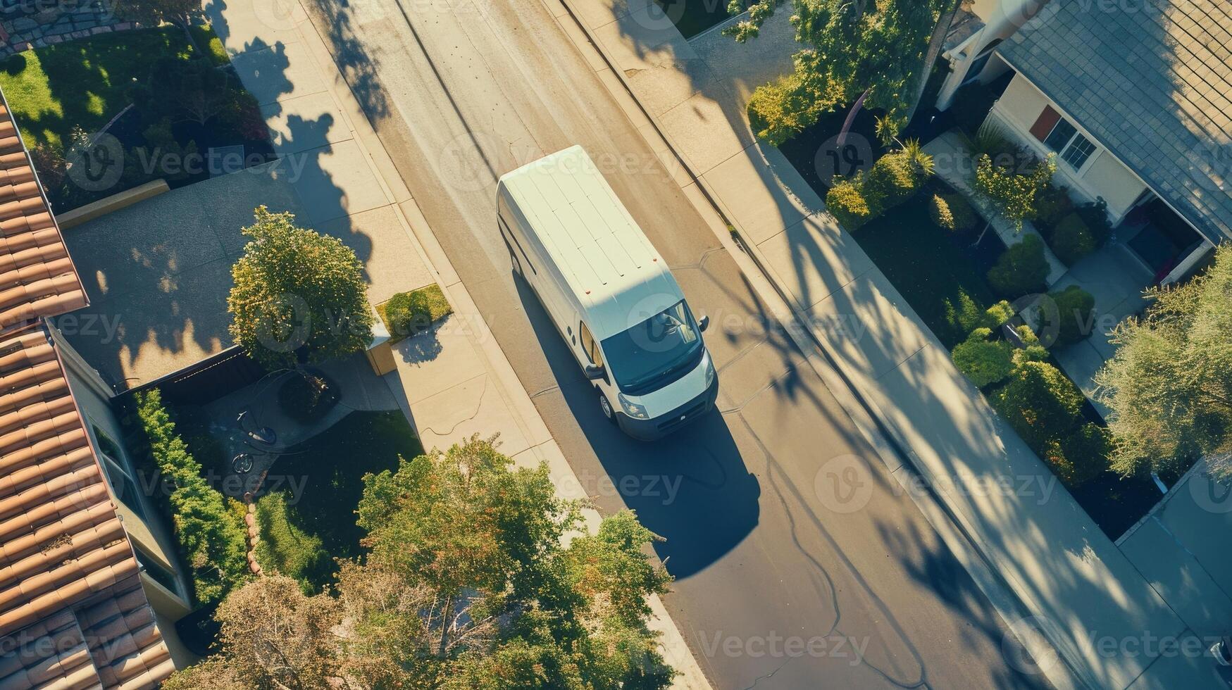 White Delivery Van on Suburban Street with Trees and Houses photo